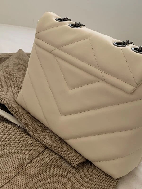 CM-BGS104146 Women Trendy Seoul Style Chevron Flap Chain Shoulder Bag - Beige
