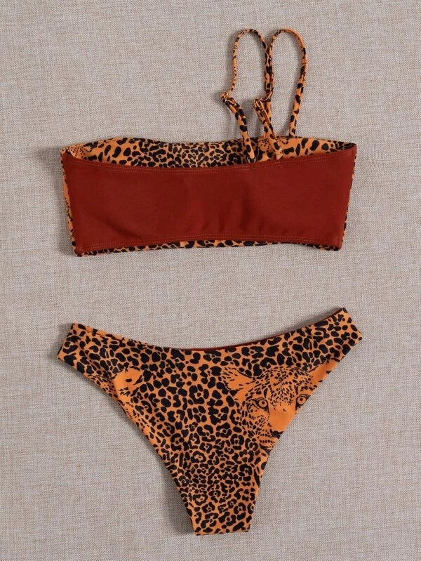 CM-SWS224563 Women Trendy Seoul Style Leopard Cut-Out Bikini Swimsuit - Brown