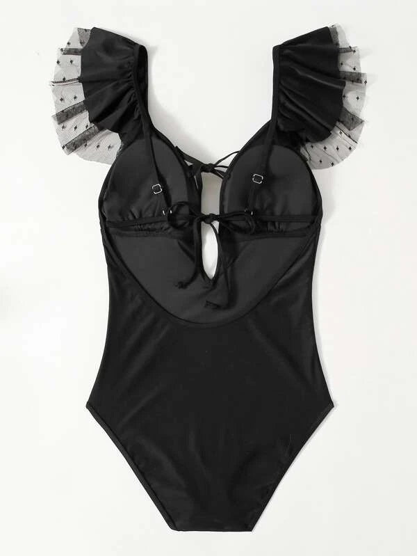 CM-SWS022989 Women Trendy Seoul Style Ruffle Trim Tie Front One Piece Swimsuit - Black