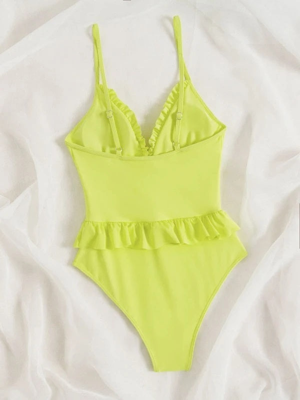 CM-SWS124893 Women Trendy Seoul Style Ruffle Trim One Piece Swimsuit - Lime Green