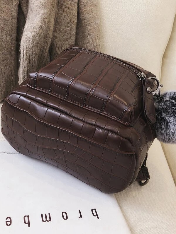 CM-BGS105388 Women Trendy Seoul Style Pom Pom Charm Croc Embossed Backpack