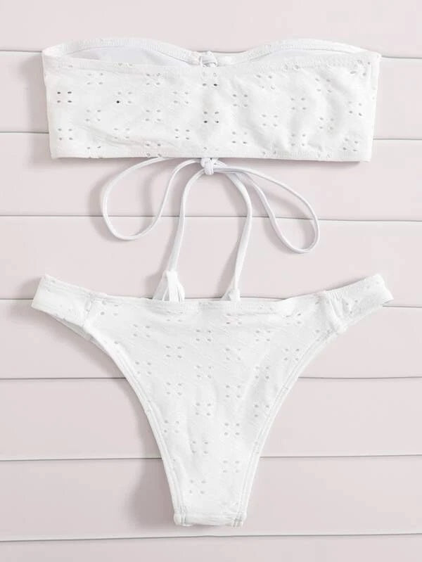 CM-SWS201402 Women Trendy Seoul Style Schiffy Lace-Up Bandeau Bikini Swimsuit - White
