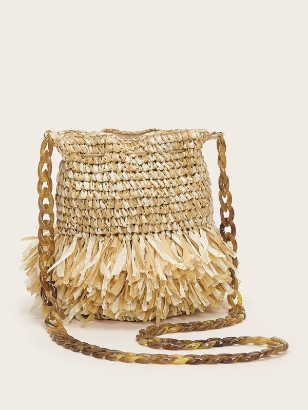 CM-BGS215141 Women Trendy Bohemian Style Straw Chain Crossbody Bag - Apricot