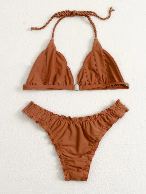 CM-SWS221264 Women Trendy Seoul Style Braided Strap Halter Bikini Swimsuit - Brown