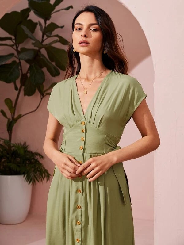 CM-DS223961 Women Casual Seoul Style Solid Tie Side Button Front Dress - Olive Green