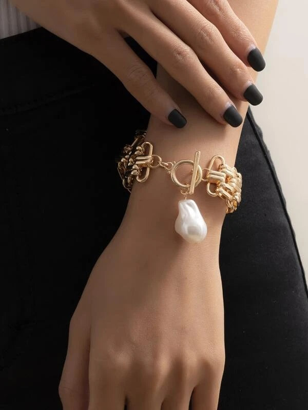 CM-AXS112145 Women Trendy Seoul Style Faux Pearl Charm Chain Bracelet - Gold