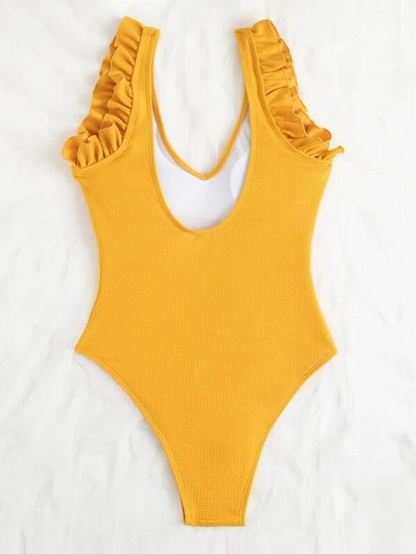 CM-SWS207987 Women Trendy Seoul Style Frill Trim One Piece Swimsuit - Yellow