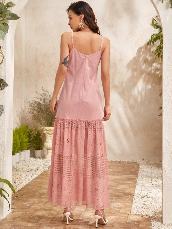 CM-DS107429 Women Trendy Bohemian Style Lace Flippy Hem Cami Dress - Coral Pink