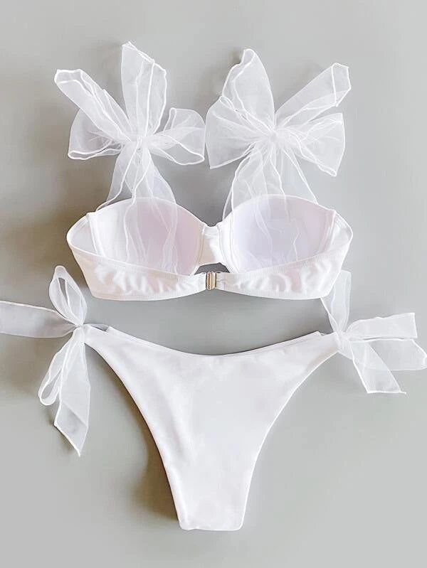 CM-SWS108358 Women Trendy Seoul Style Self Tie Underwire Bikini Swimsuit - White