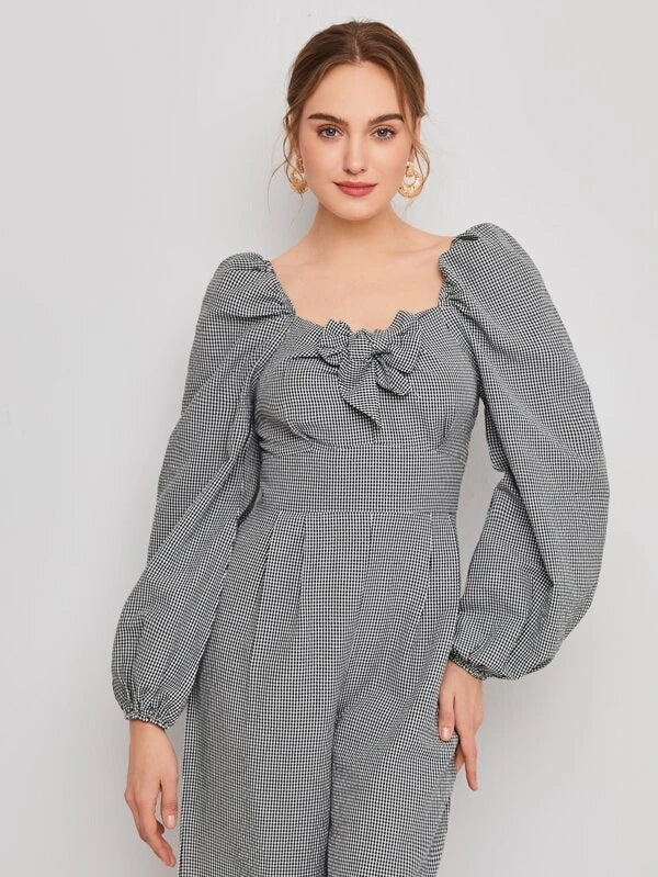 CM-JS106584 Women Casual Seoul Style Knot Front Lantern Sleeve Gingham Palazzo Jumpsuit