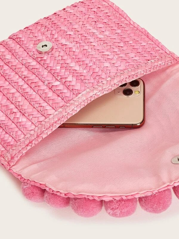CM-BGS403407 Women Trendy Bohemian Style Pom Pom Decor Woven Clutch Bag