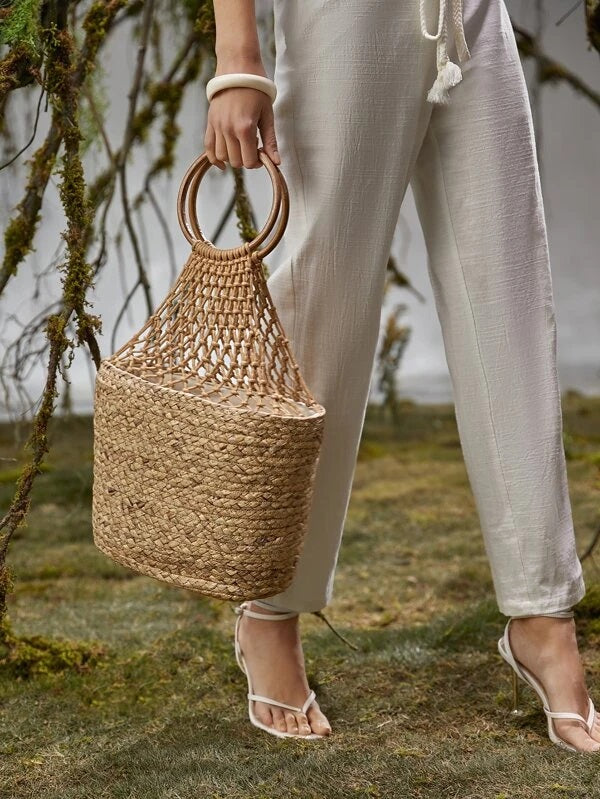 CM-BGS119598 Women Trendy Bohemian Style Braided Bucket Bag - Apricot