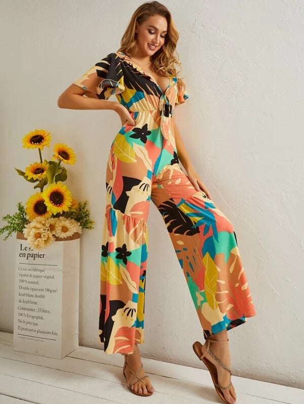 CM-JS127143 Women Trendy Bohemian Style Plunging Neck Tie Front Wide Leg Tropical Jumpsuit