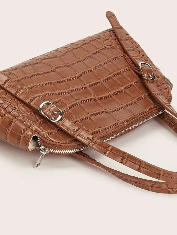 CM-BGS118354 Women Casual Seoul Style Croc Embossed Shoulder Bag - Brown