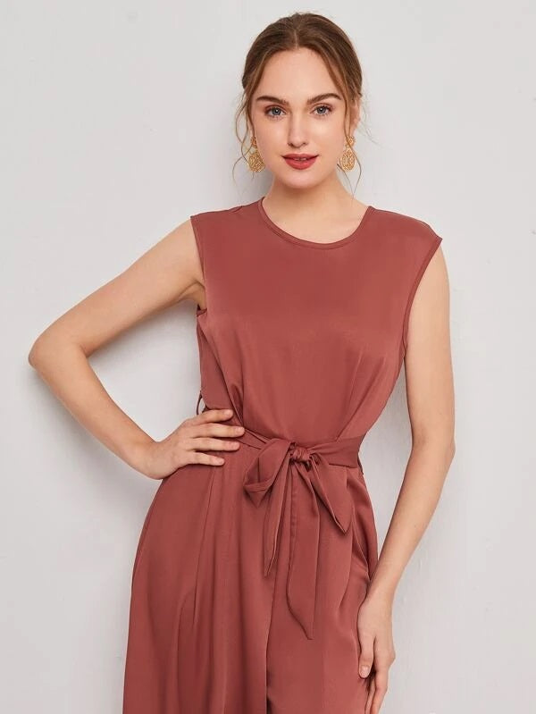 CM-JS204999 Women Elegant Seoul Style Solid Zipper Back Wide Leg Belted Jumpsuit