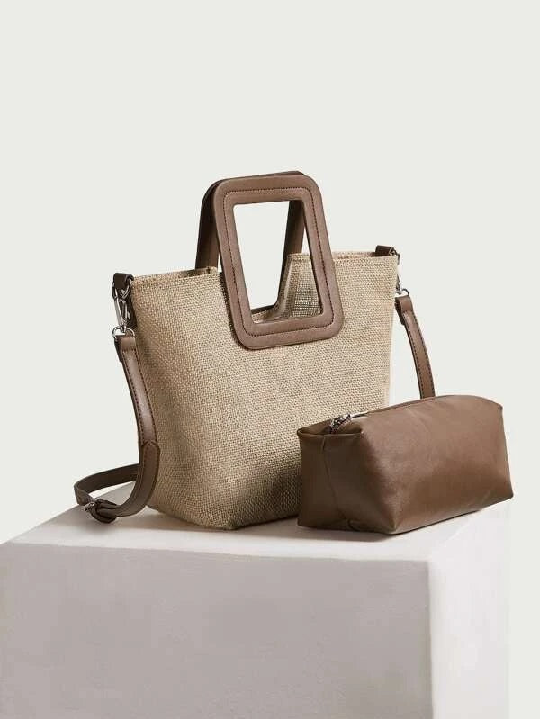 CM-BGS209287 Women Trendy Seoul Style Square Handle Tote Bag - Khaki