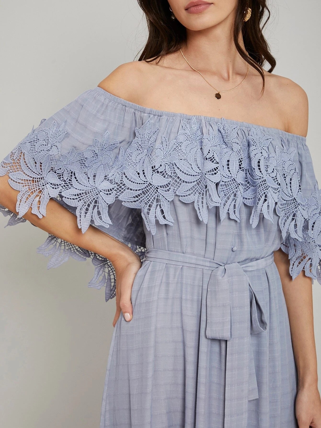 CM-ES226764 Women Elegant Seoul Style Off The Shoulder Asymmetrical Belted Bardot Dress - Blue
