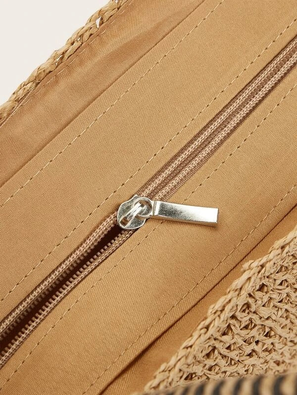 CM-BGS109226 Women Trendy Seoul Style Pom Pom Decor Straw Bag