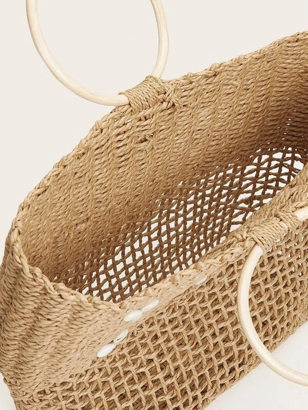 CM-BGS109883 Women Trendy Bohemian Style Shell Decor Straw Bag - Camel