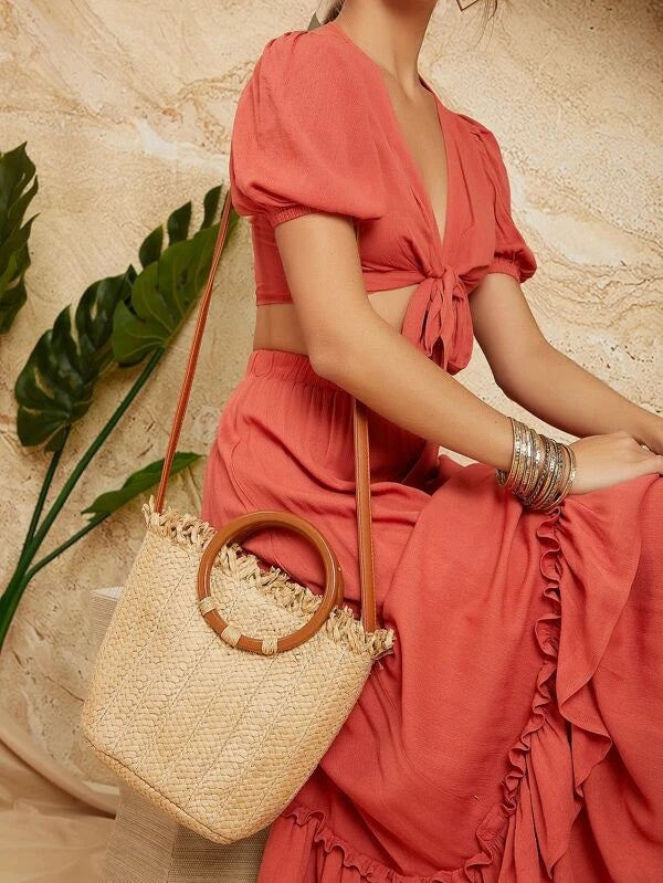 CM-BGS223587 Women Trendy Seoul Style Straw Satchel Bag - Camel