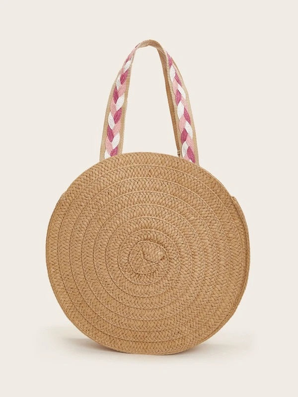 CM-BGS229194 Women Trendy Seoul Style Round Shaped Straw Tote Bag - Brown