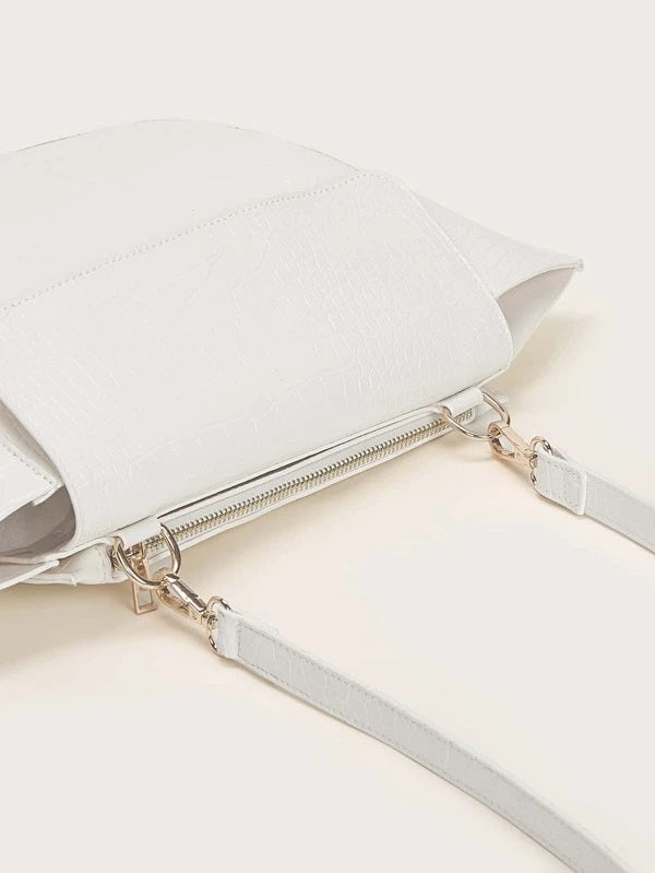 CM-BGS118004 Women Trendy Seoul Style Croc Embossed Flap Satchel Bag - White