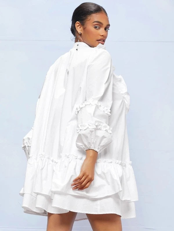 CM-ES217587 Women Elegant Seoul Style Pearls Button Frill Trim Layered Hem Dress - White