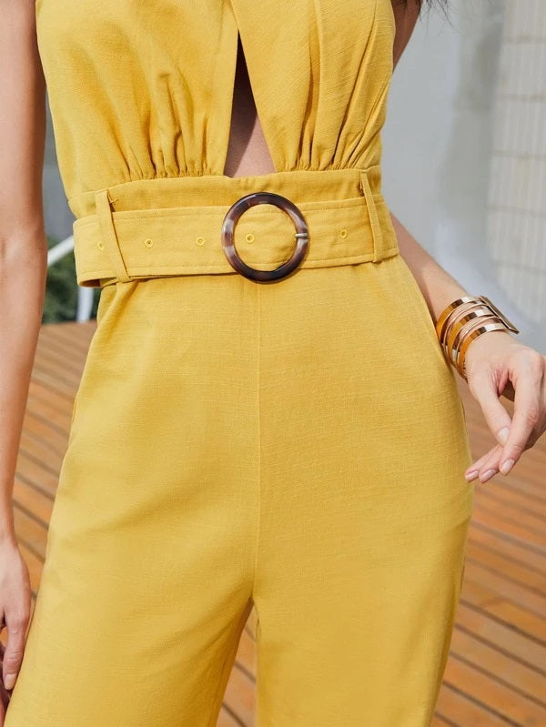 CM-JS204532 Women Elegant Seoul Style O-Ring Self Belted Halter Jumpsuit - Yellow