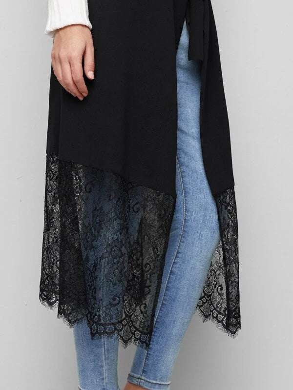 CM-CS126060 Women Casual Seoul Style Waterfall Collar Lace Detail Belted Vest Coat - Black