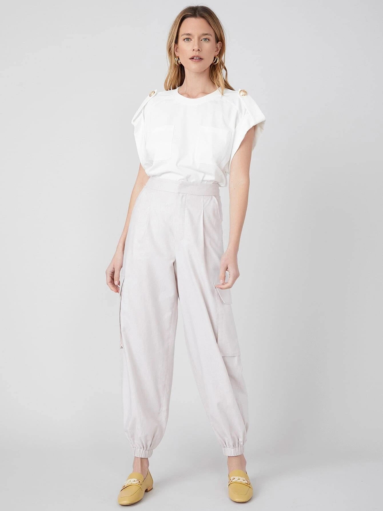 CM-TS223599 Women Casual Seoul Style Round Neck Roll-Up Sleeve Chest Pocket Top - White
