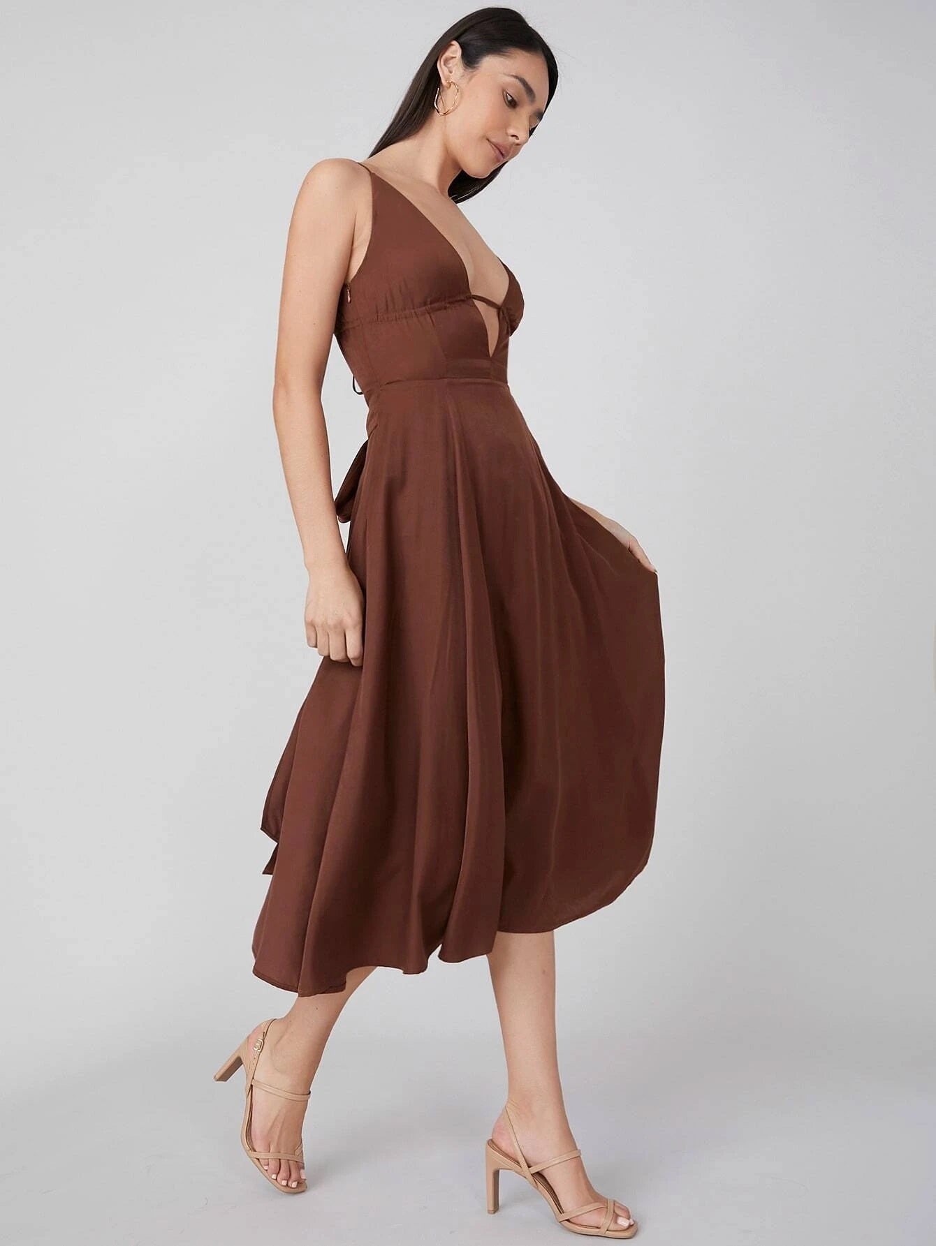 CM-ES106486 Women Elegant Seoul Style Viscose Sleeveless Plunging Neck Slip Dress - Coffee Brown