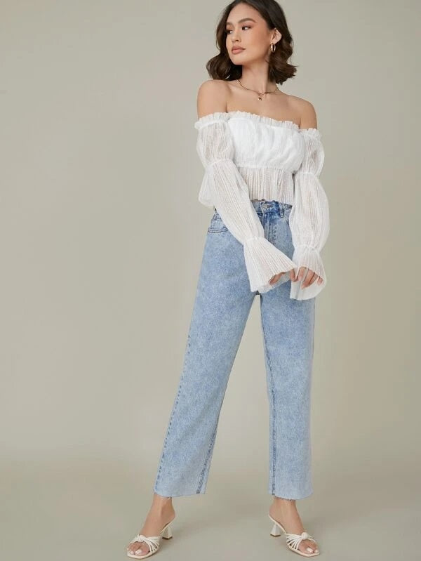 CM-TS111605 Women Casual Seoul Style Sheer Mesh Polka Dot Off-The-Shoulder Ruffled Top - White