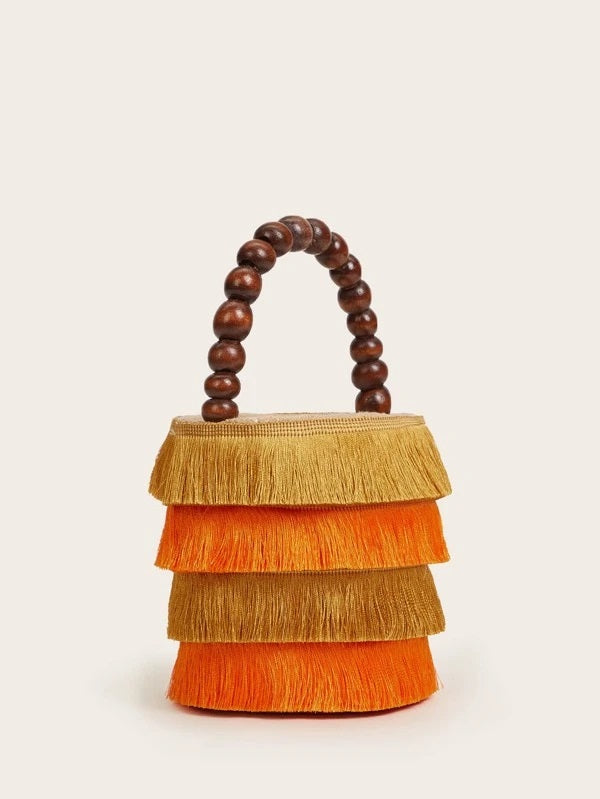 CM-BGS225080 Women Trendy Bohemian Style Mini Fringe Beaded Handle Satchel Bag