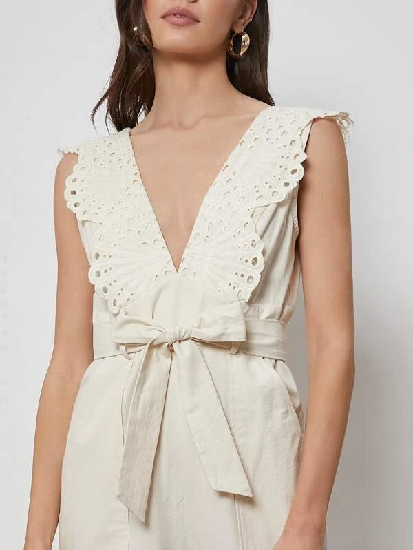 CM-JS201696 Women Casual Seoul Style Pocket Front Self Belted Schiffy Jumpsuit - Beige