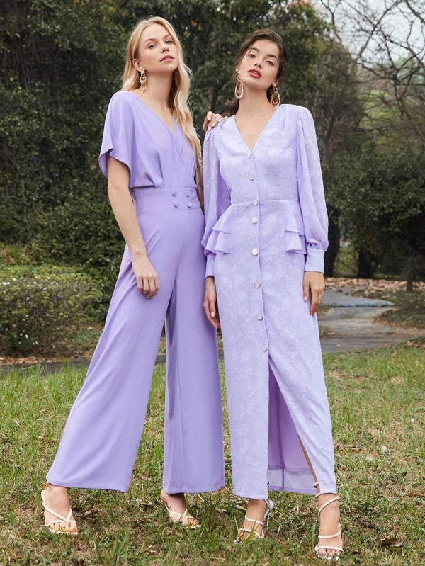 CM-JS205491 Women Elegant Seoul Style Pleated Batwing Sleeve Solid Jumpsuit - Purple