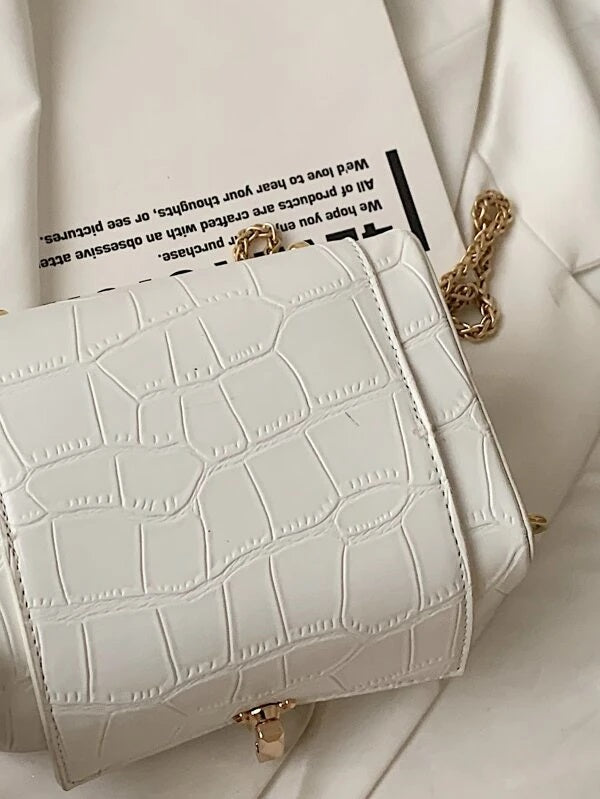 CM-BGS322074 Women Casual Seoul Style Croc Embossed Chain Satchel Bag - White