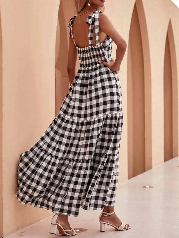 CM-DS311307 Women Trendy Bohemian Style Knot Strap Flounce Hem Gingham Dress