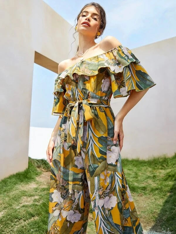 CM-JS311005 Women Trendy Bohemian Style Tropical Print Ruffle Trim Belted Bardot Jumpsuit