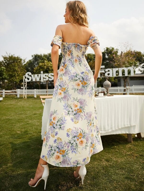 CM-DS329480 Women Casual Seoul Style Off Shoulder Frill Trim Shirred Back Buttoned Floral Print Dress