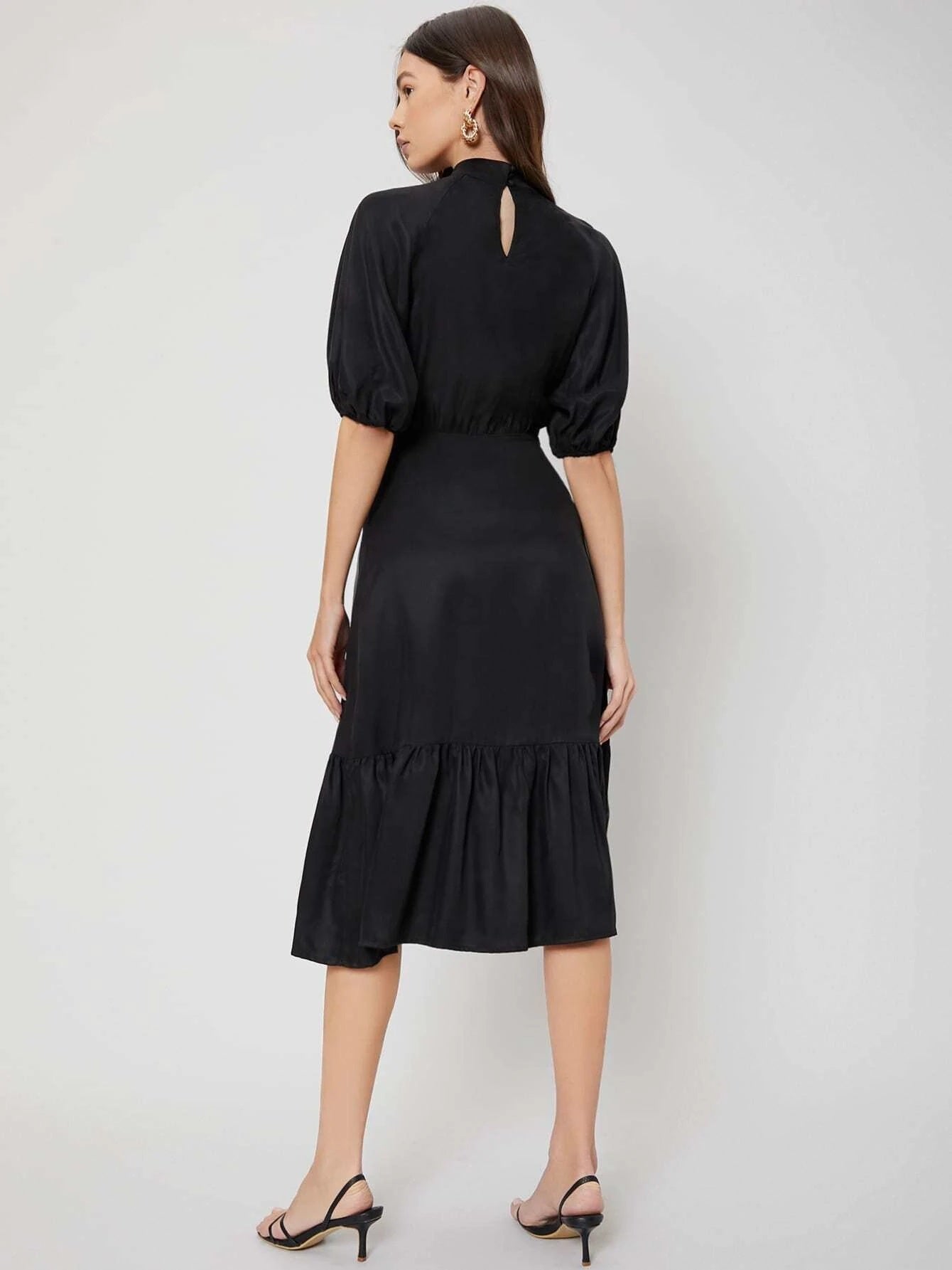 CM-ES204208 Women Elegant Seoul Style Viscose Mock Neck Bishop Sleeve Flounce Dress - Black