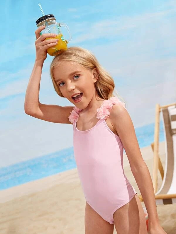 CM-KSW323641 Girls Trendy Seoul Style Appliques One Piece Swimsuit - Pink