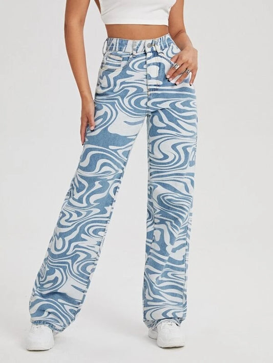 CM-BS115482 Women Casual Seoul Style All Over Print High Waist Wide Leg Jeans