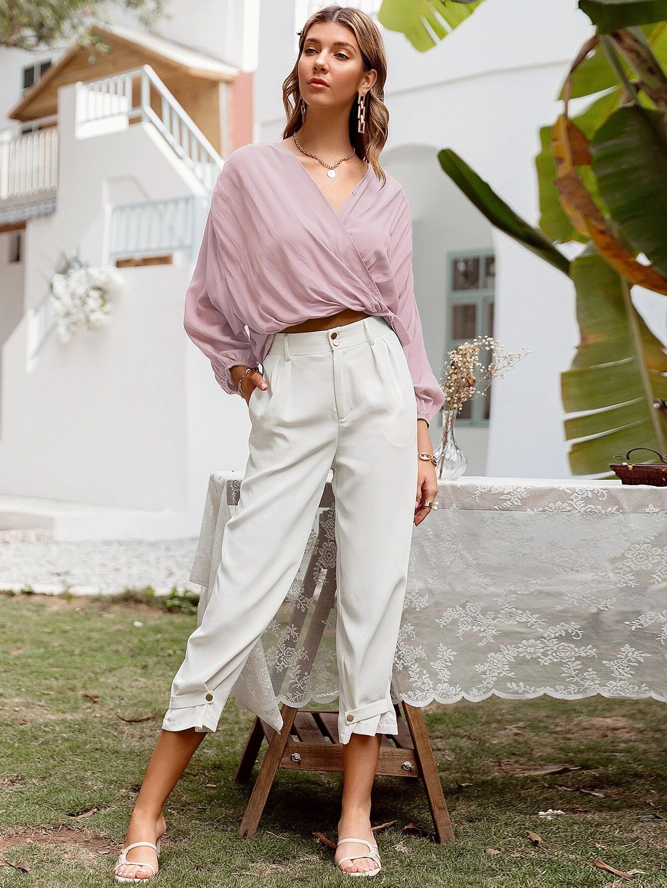 CM-TS409409 Women Casual Seoul Style Lantern Sleeve Wrap Solid Top - Dusty Pink