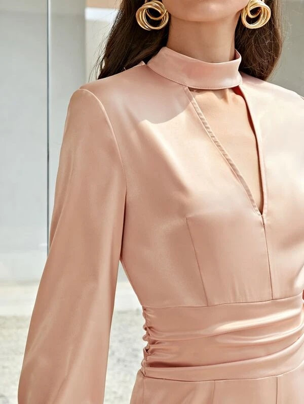 CM-JS324144 Women Elegant Seoul Style Keyhole Neck Bishop Sleeve Ruched Satin Jumpsuit - Baby Pink