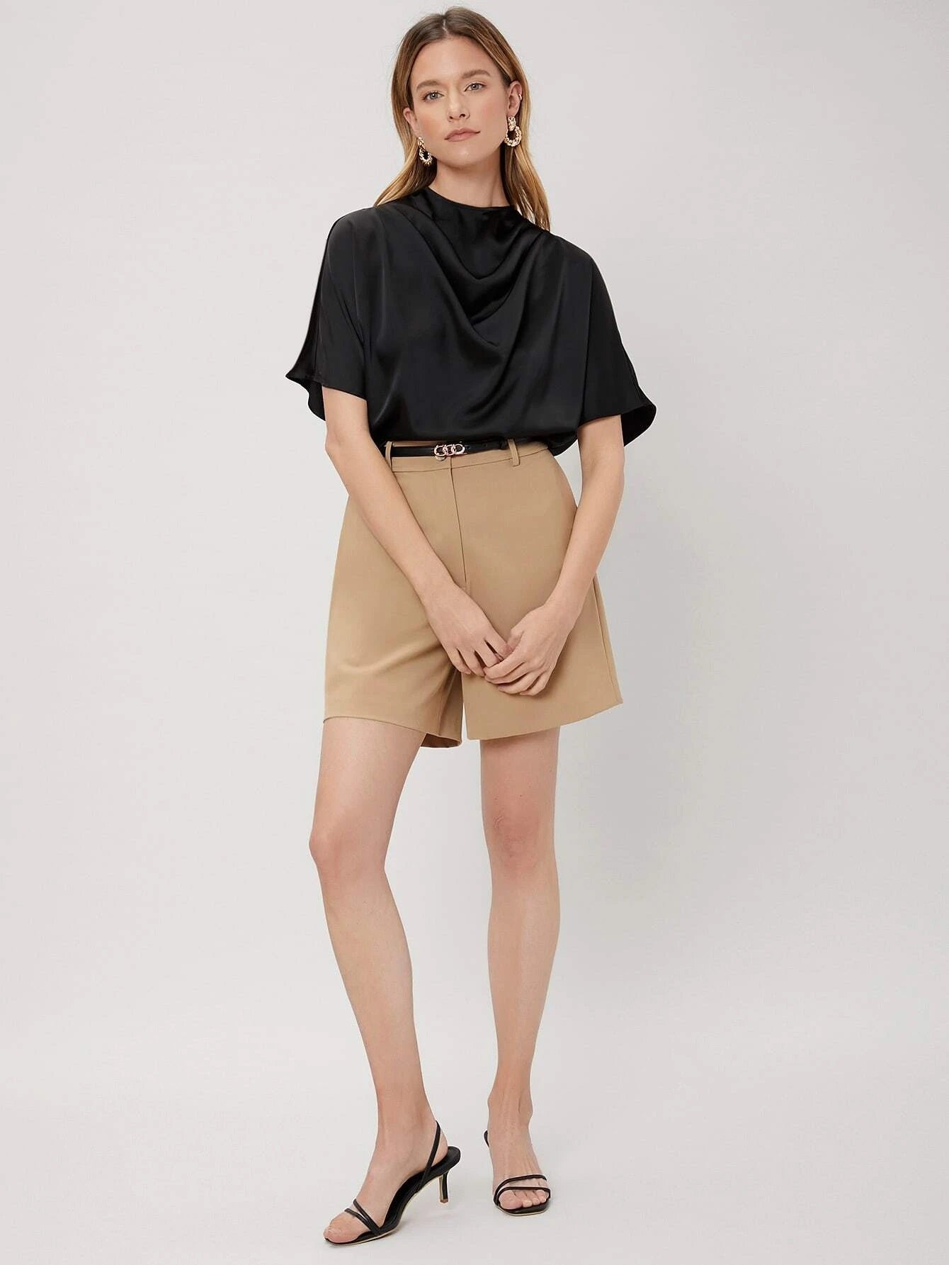 CM-TS225384 Women Casual Seoul Style Draped Cowl Neck Short Sleeve Top - Black