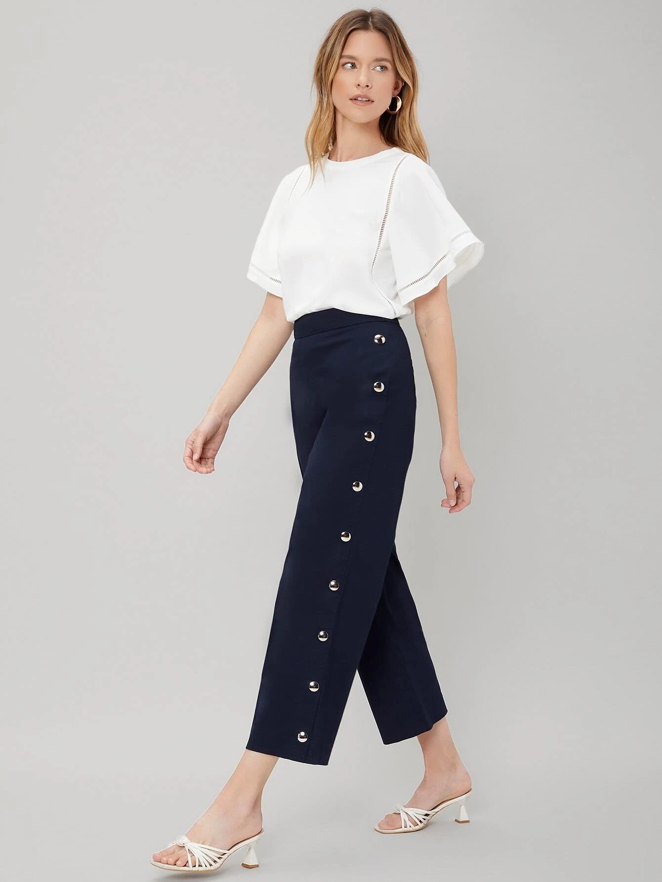 CM-TS129231 Women Elegant Seoul Style Round Neck Flounce Sleeve Lace Insert Top - White