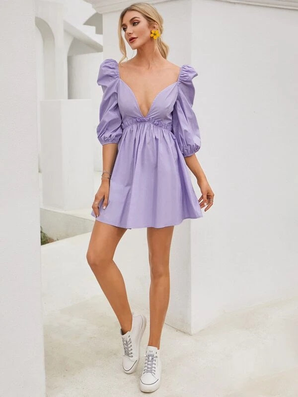 CM-DS415632 Women Elegant Seoul Style Lantern Sleeve Frill Trim Skater Dress - Purple