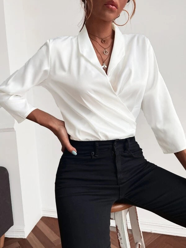 CM-TS324762 Women Casual Seoul Style Surplice Front Shawl Collar Bodysuit - White