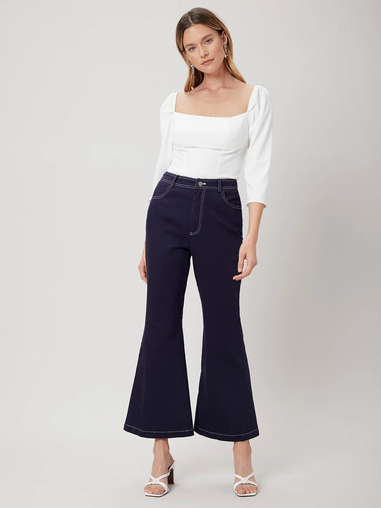 CM-BS323711 Women Elegant Seoul Style High Waist Cotton Blend Flare Leg Pants - Navy Blue