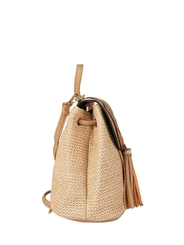 CM-BGS425245 Women Casual Seoul Style Tassel Decor Straw Flap Backpack - Khaki